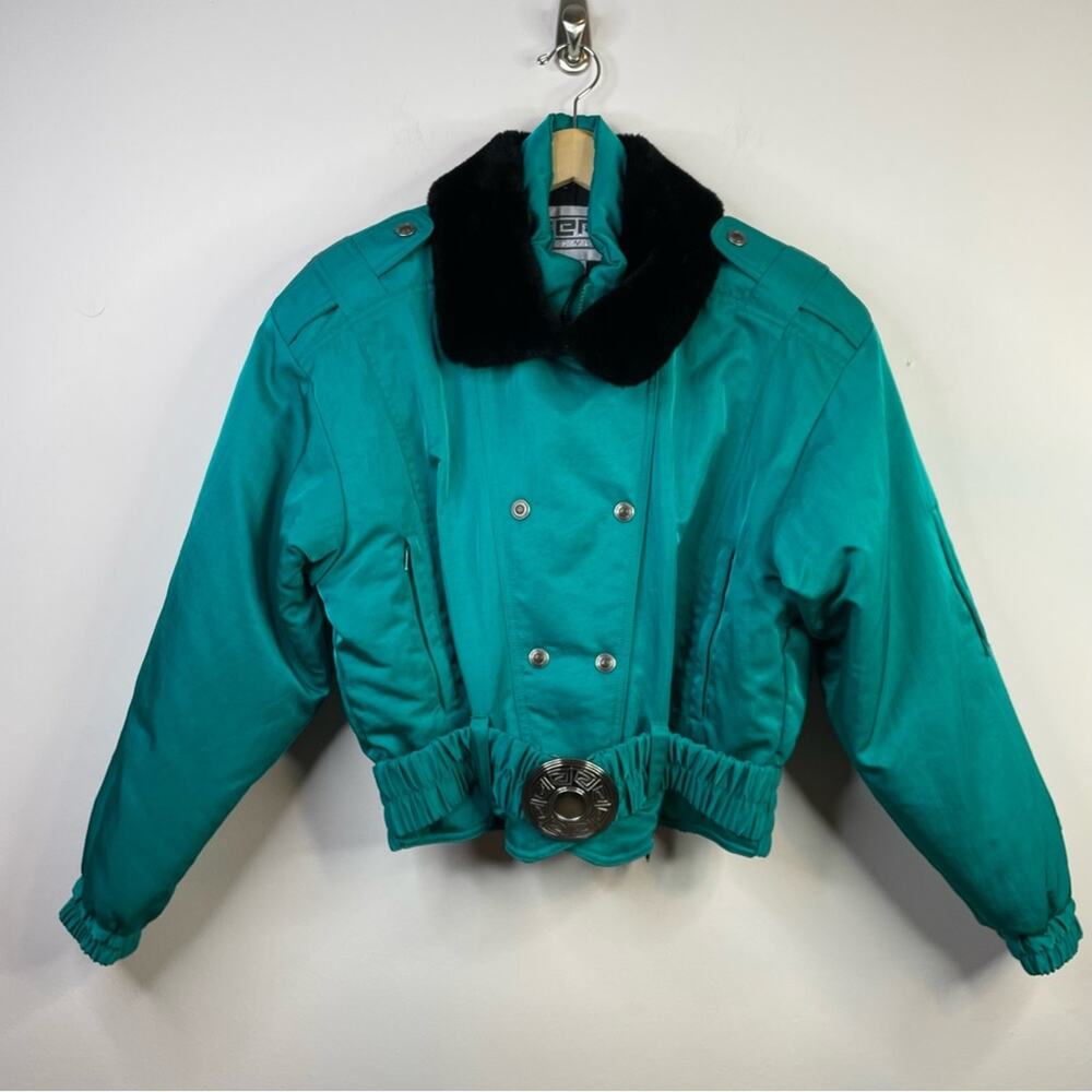 Fera Vintage Teal 80s 90s Southwestern Belted Faux Fur Ski Skiing Jacket Coat 12
